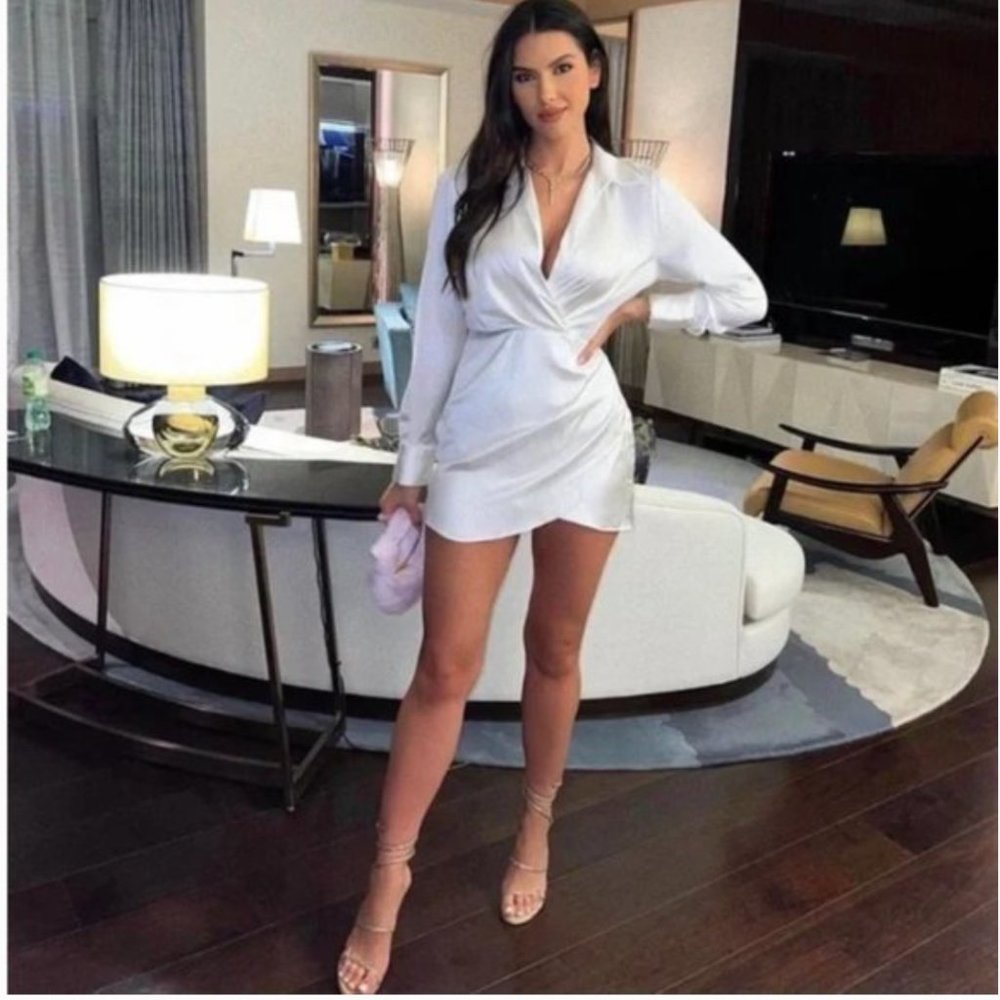 ZARA White Crepe Satin Effect Wrap Long Sleeve Dress With Shoulder Pads